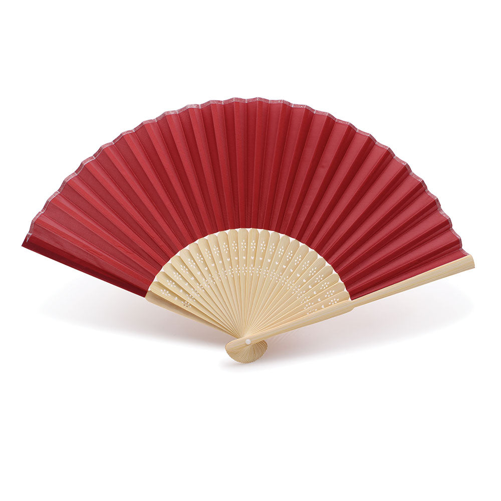 Éventails en tissu rouge bordeaux et bambou