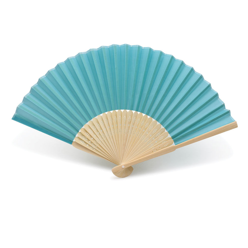Éventails en tissu turquoise et bambou