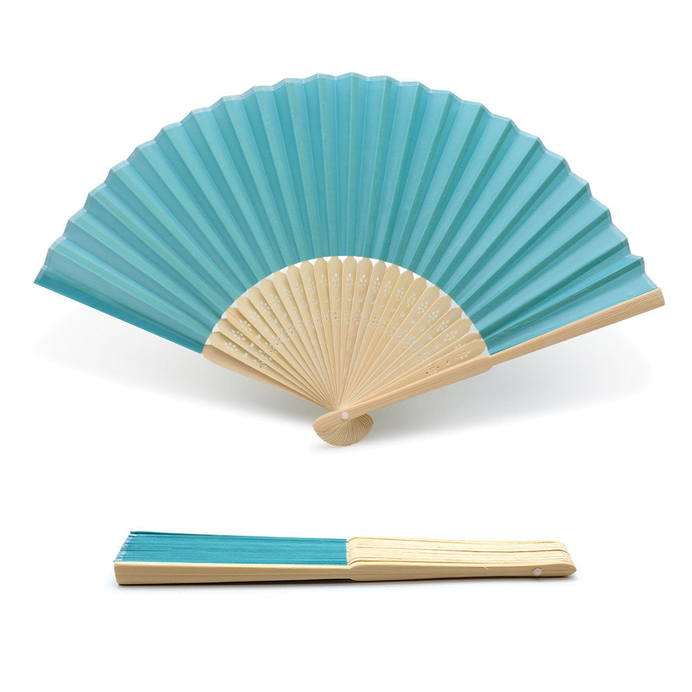 Éventails en tissu turquoise et bambou – vue 2