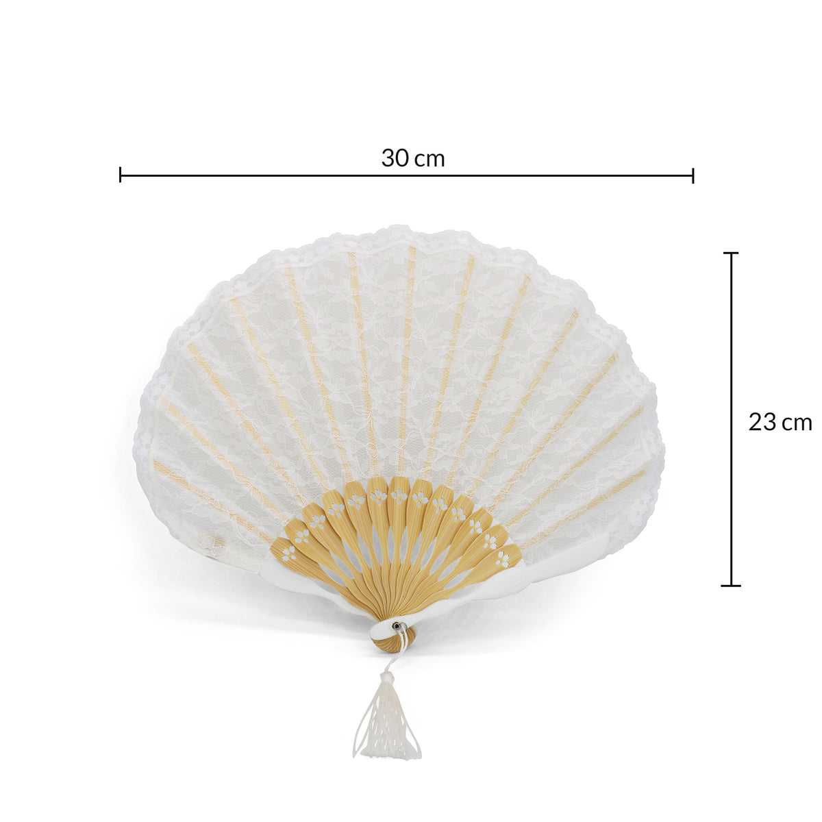 Dimensions de l'éventail de mariée coquillage blanc OLILLY : 30 cm de large, 23 cm de haut