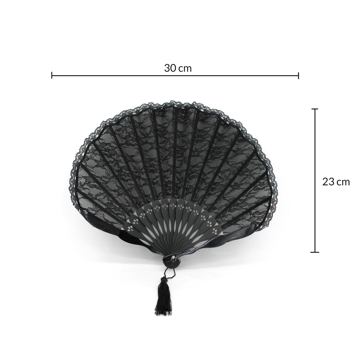Dimensions de l'éventail de mariée coquillage noir OLILLY : 30 cm de large, 23 cm de haut