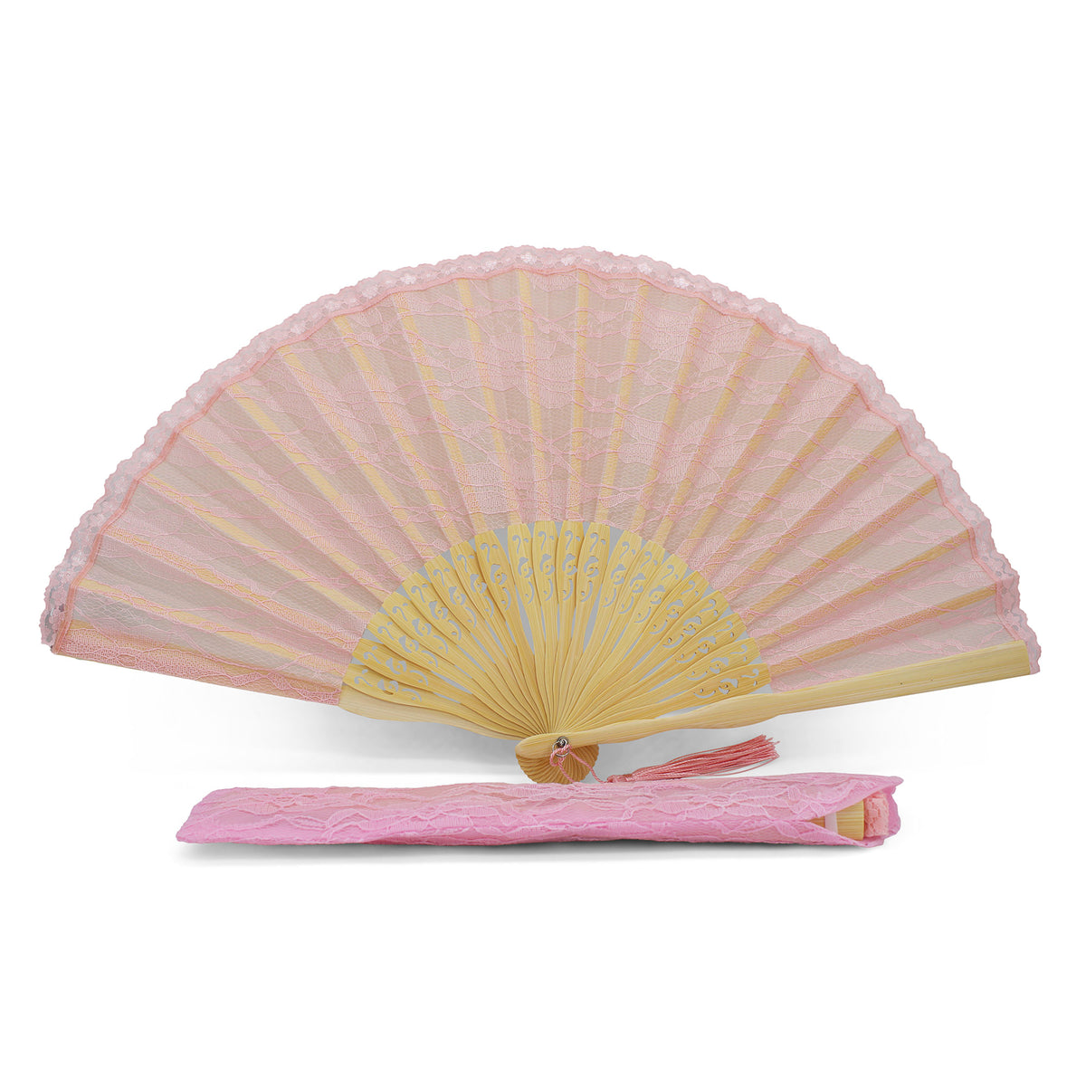 Éventail de mariée rose en dentelle OLILLY, 39 cm ouvert