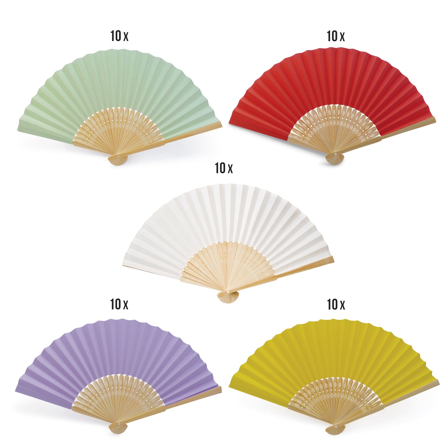 Eventails en Papier et Bambou - Couleur : Multicolore (Vert, Rouge, Jaune, Lavande et Blanc) - 50 Eventails