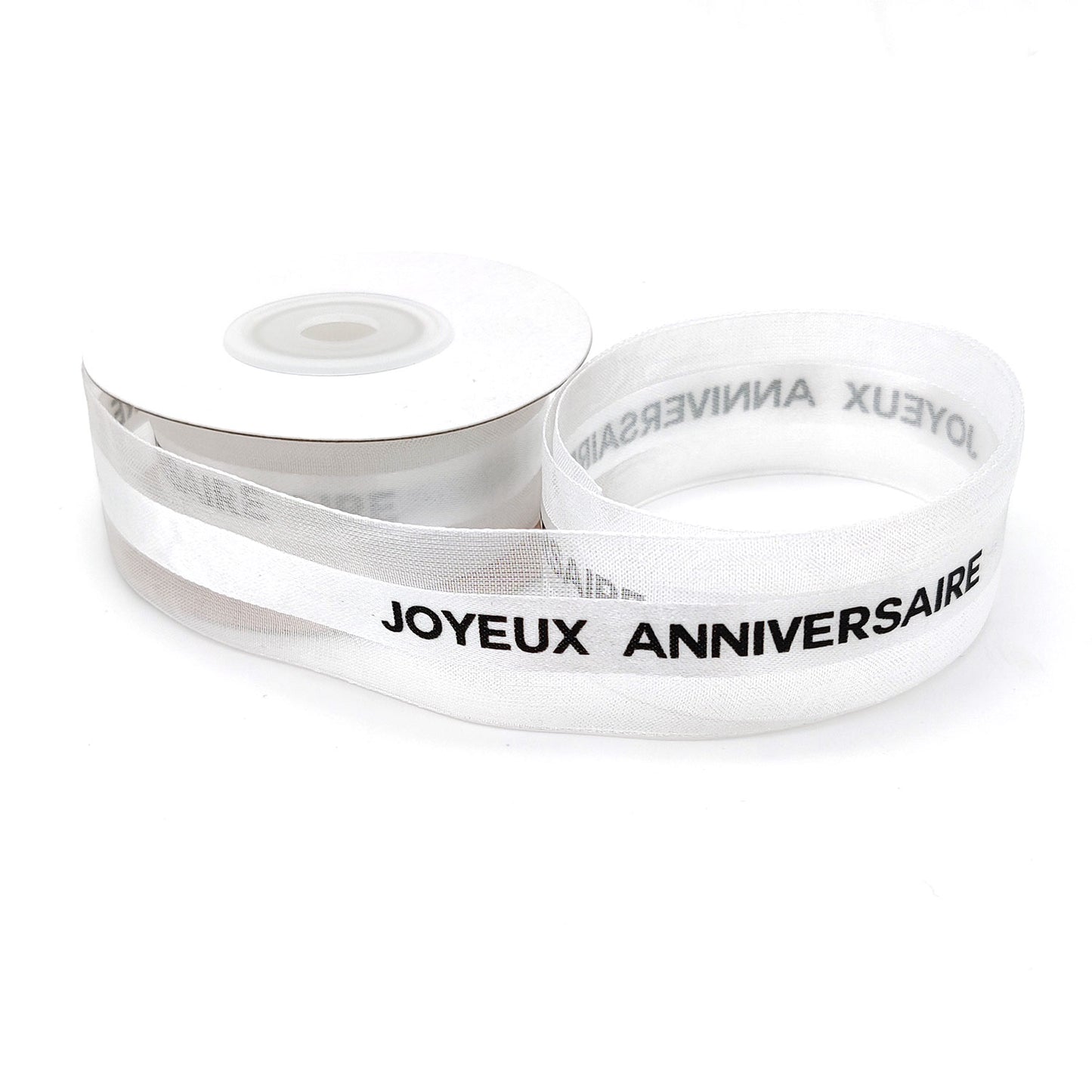 Ruban Joyeux Anniversaire Satin et Grosgrain Blanc (22 mm)