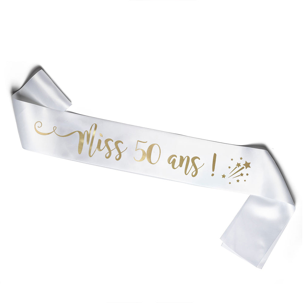Echarpe blanche pour anniversaire Miss 50 ans en doré