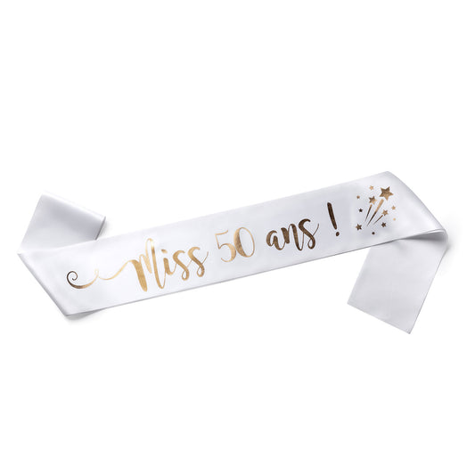 Echarpe Miss 50 ans pour fêter son 50ième Anniversaire - Blanche et Or