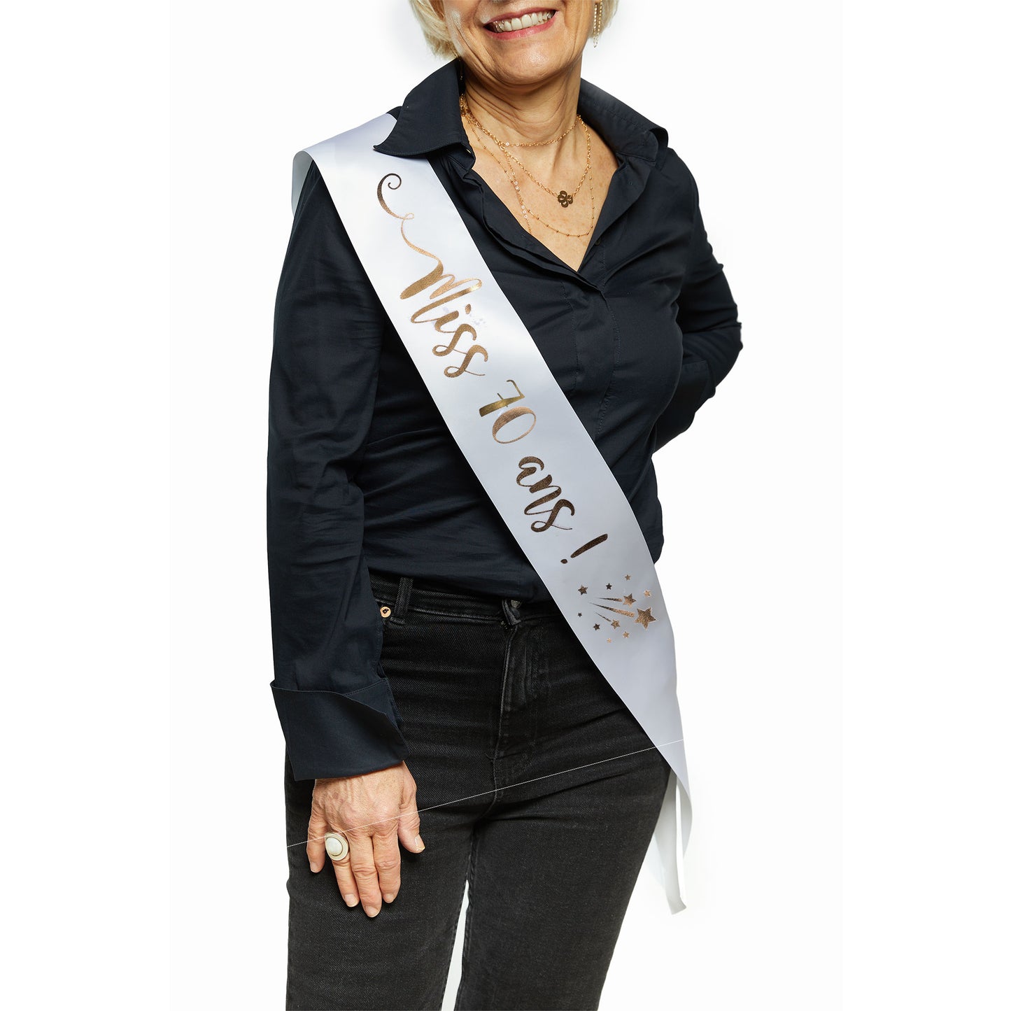 Echarpe Miss 70 ans pour fêter son 70ième Anniversaire - Blanche et Or