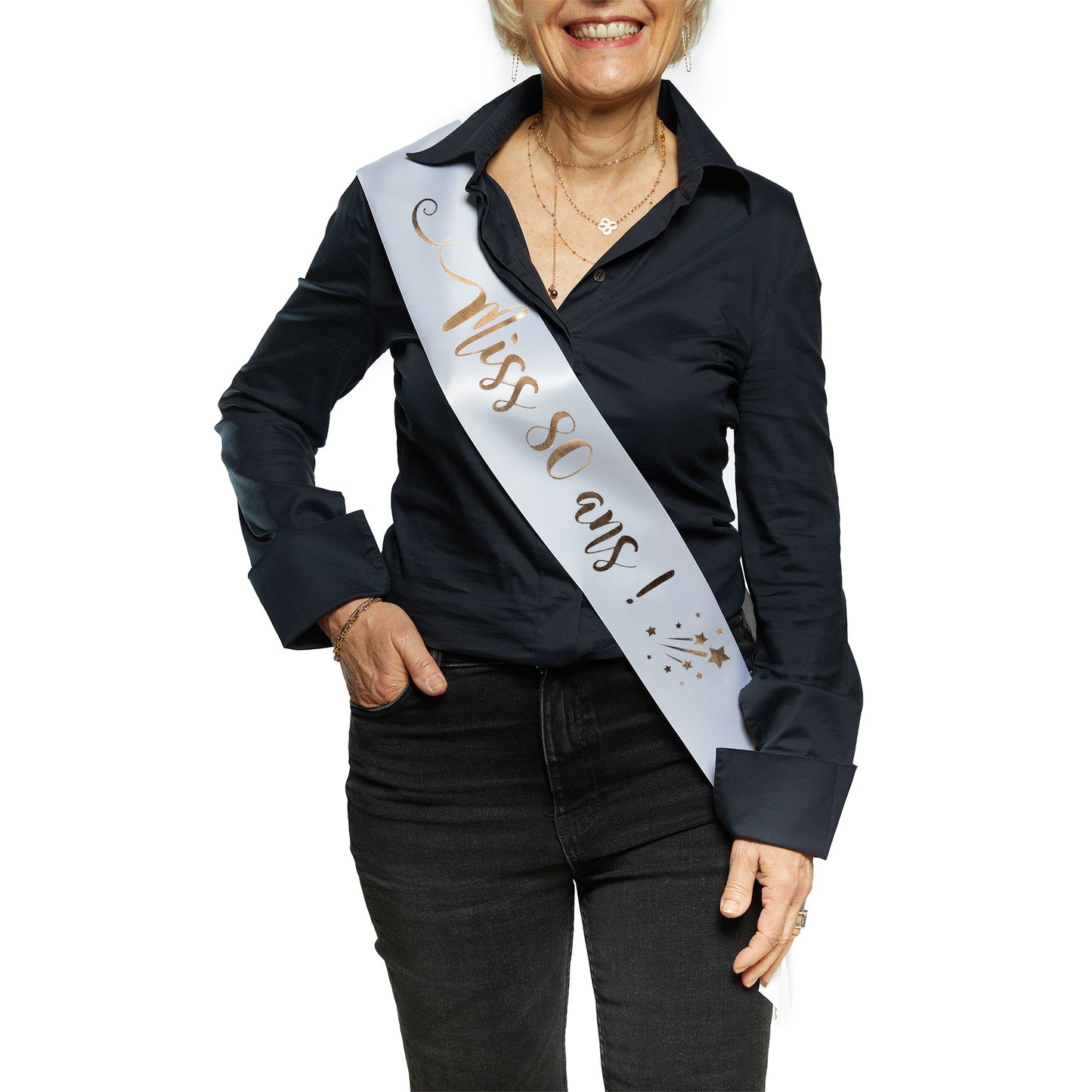 Echarpe Miss 80 ans pour fêter son 80ième Anniversaire - Blanche et Or