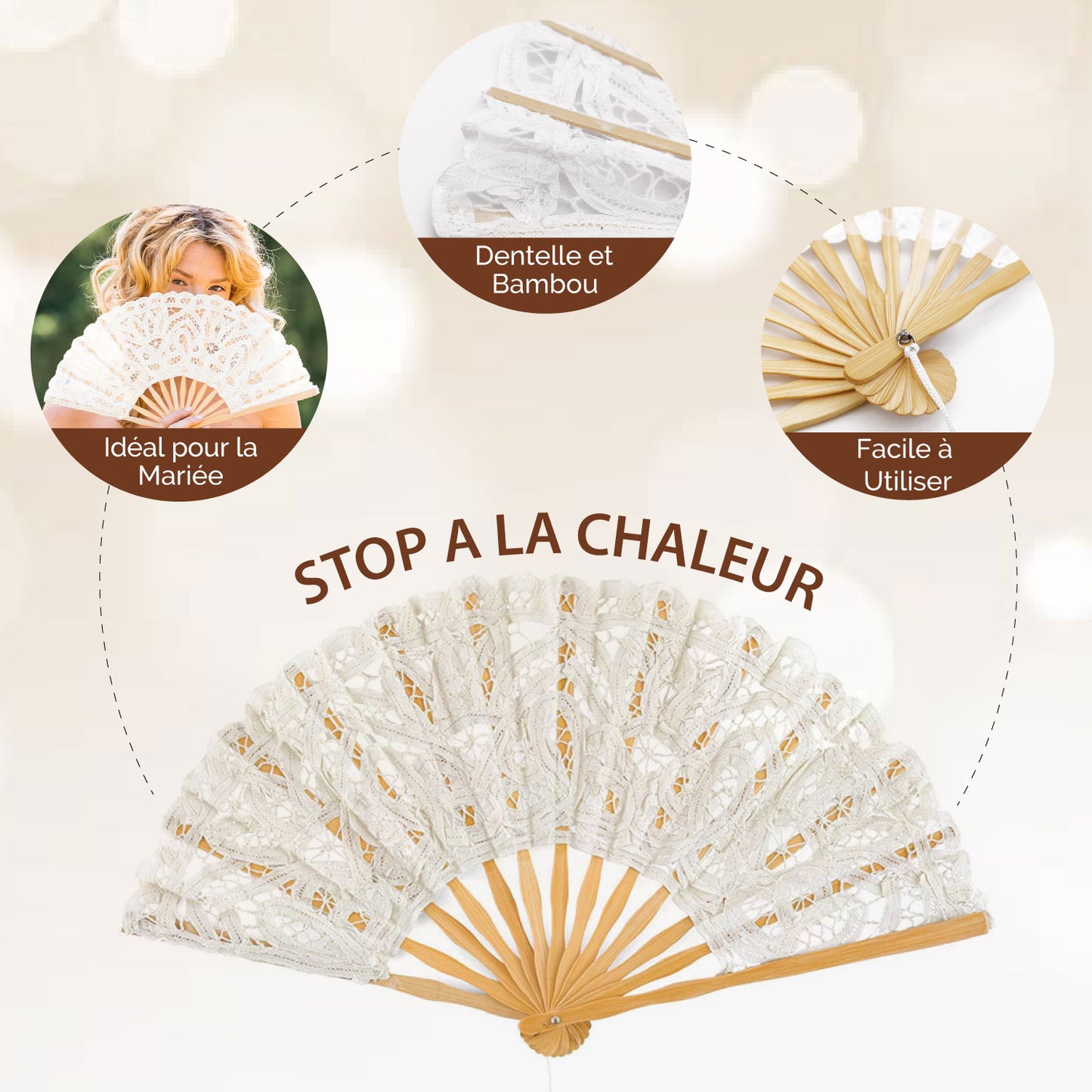 Éventail de Mariée OLILLY XL – Dentelle Blanche &amp; Bois Naturel – 50 cm