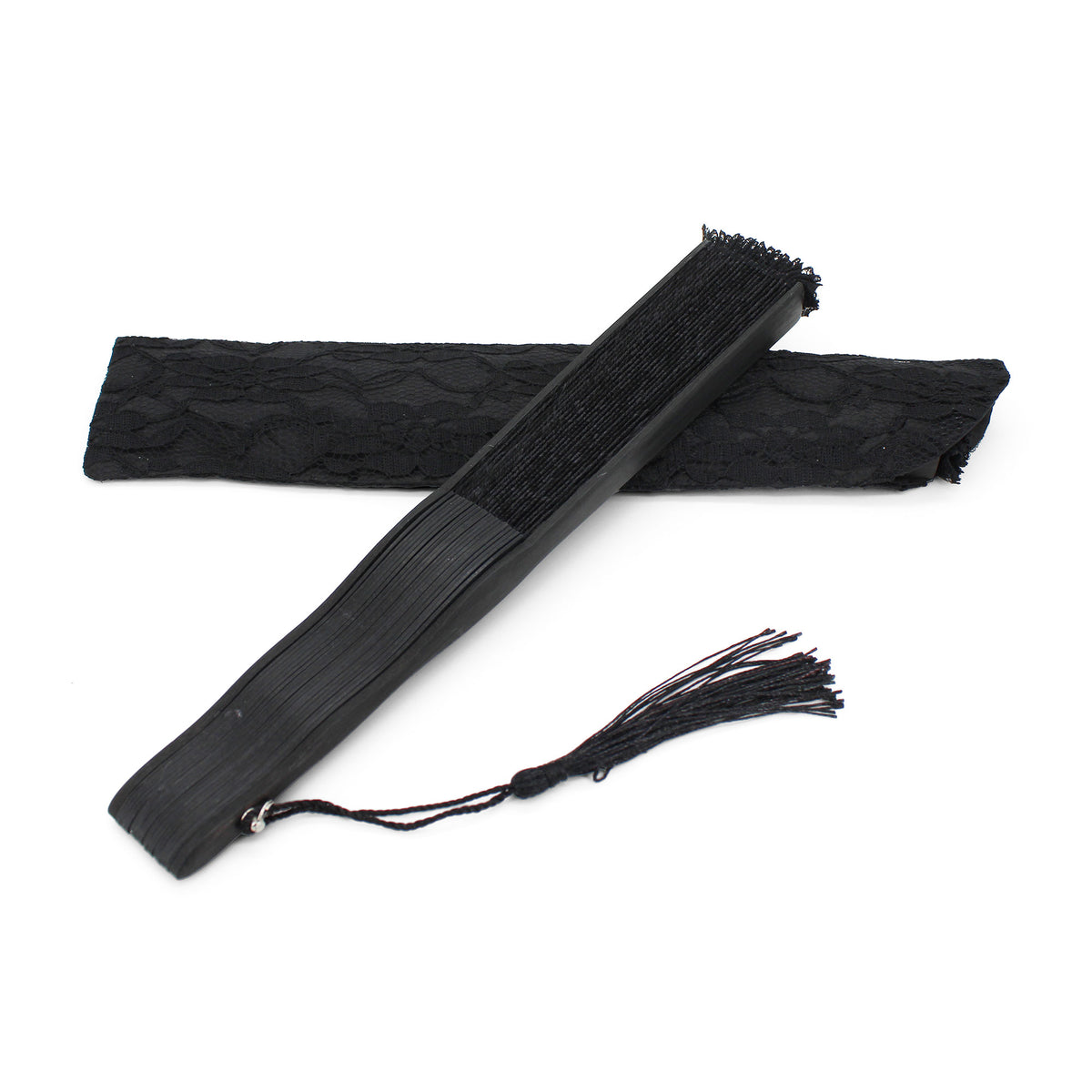 Éventail de mariée coquillage noir en dentelle et sa pochette assortie