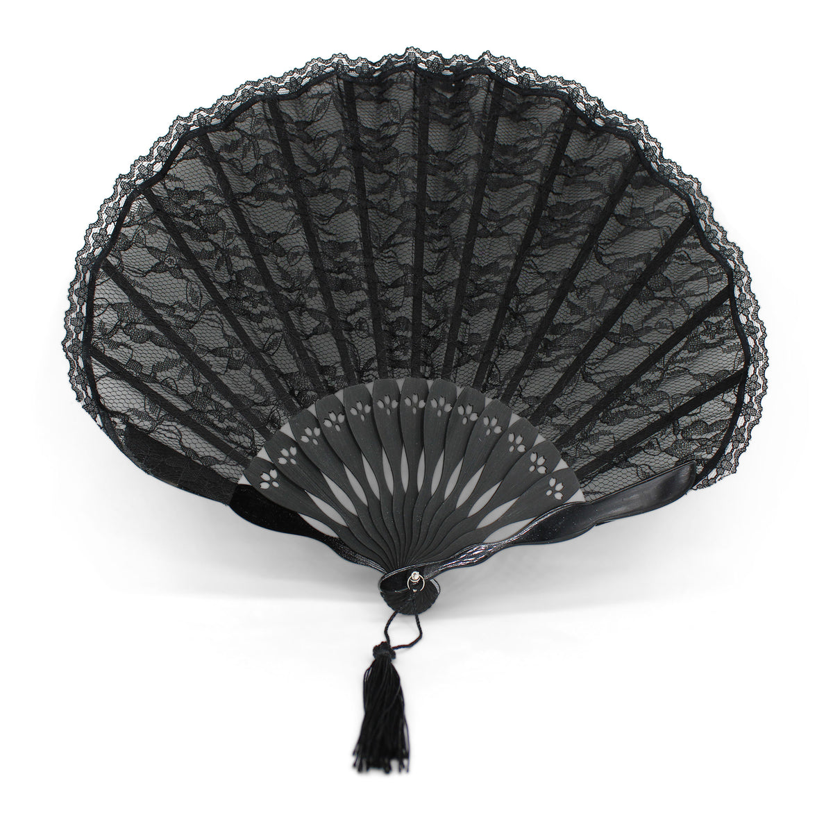 Éventail de mariée coquillage noir en dentelle et bambou OLILLY avec sa pochette