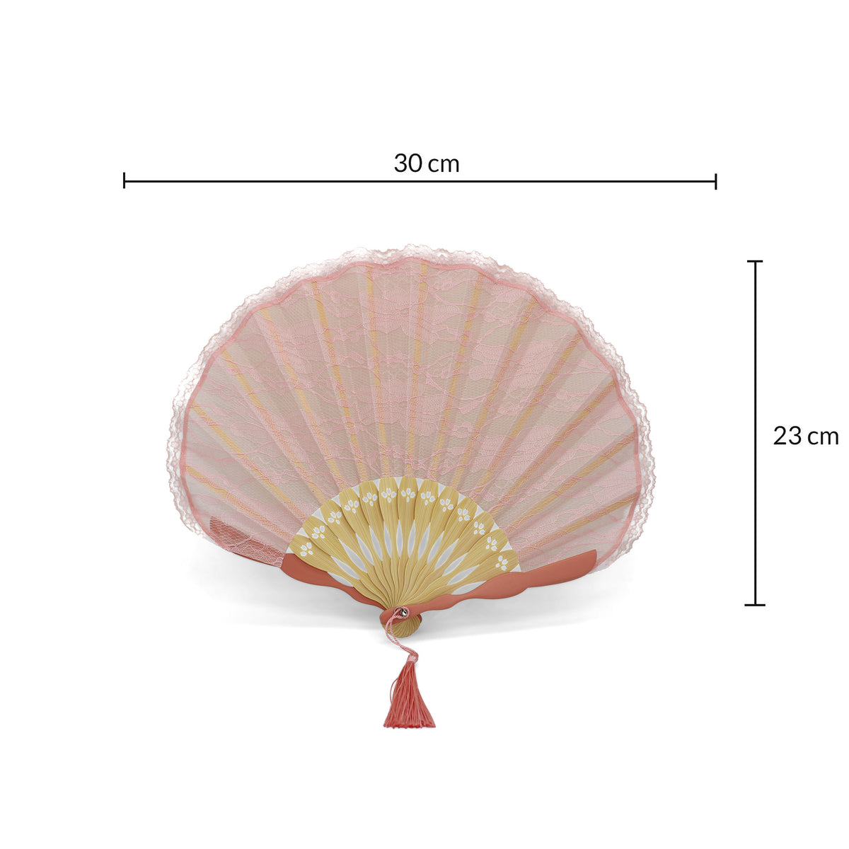 Dimensions de l'éventail de mariée coquillage rose OLILLY : 30 cm de large, 23 cm de haut