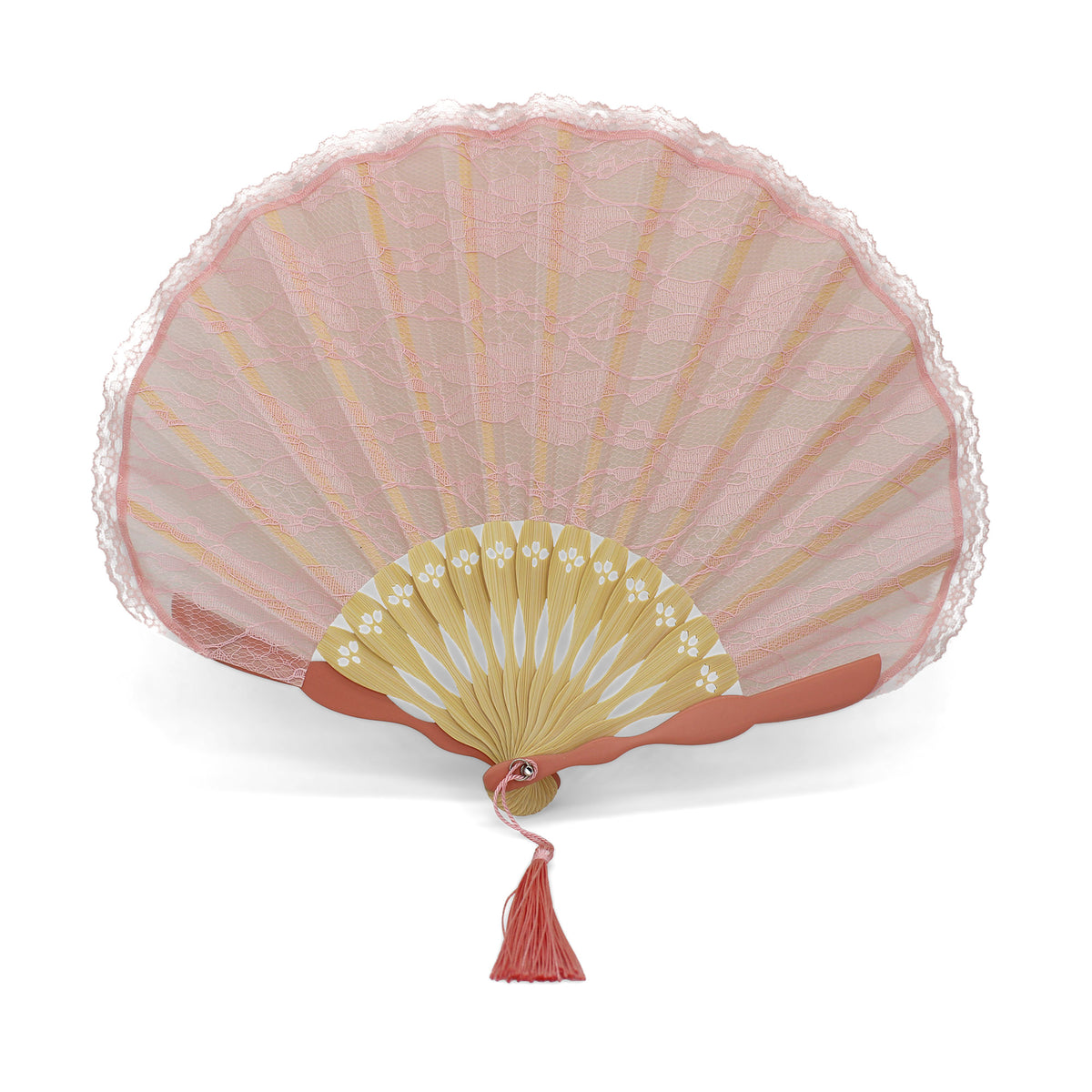 Éventail de mariée coquillage rose en dentelle et bambou OLILLY avec sa pochette