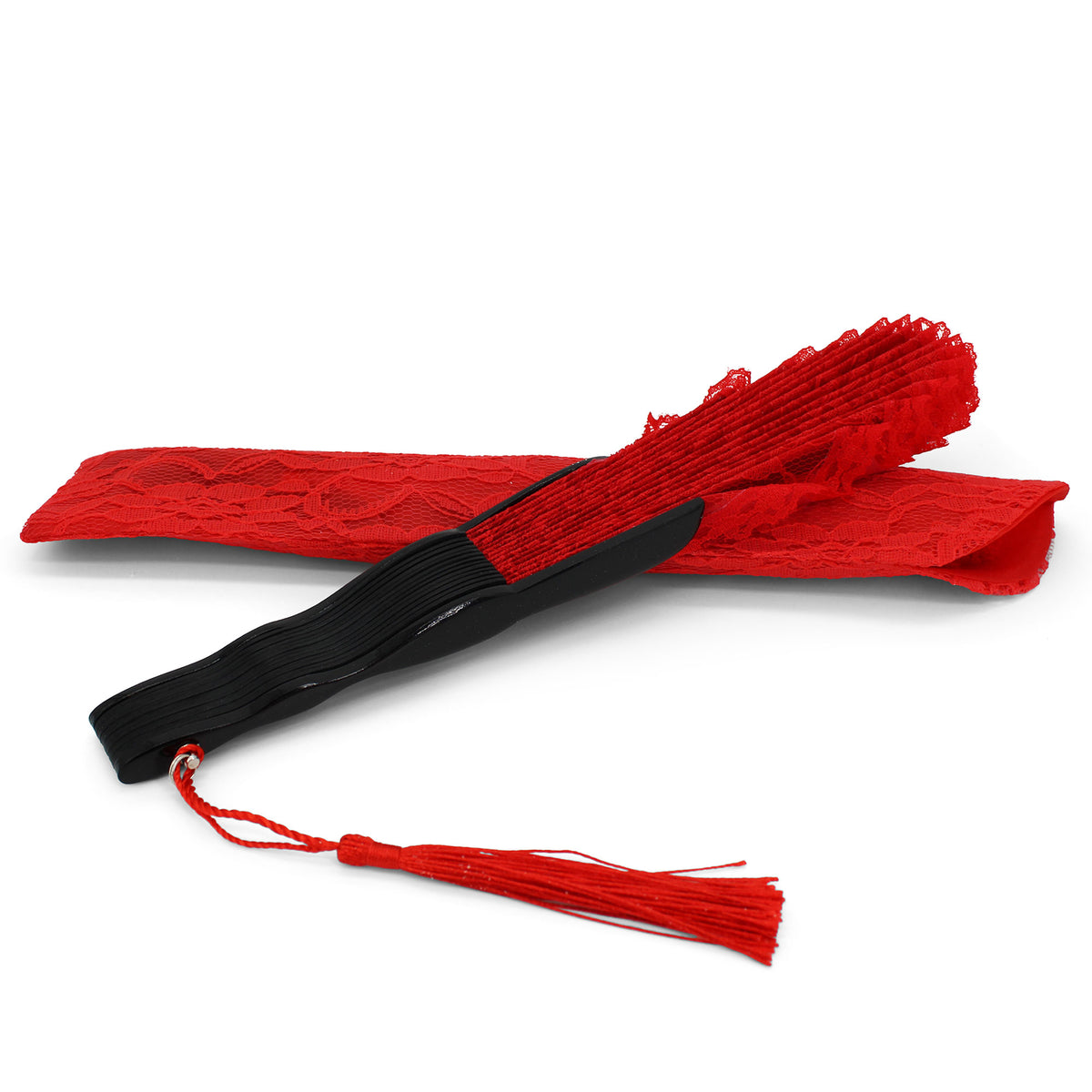 Éventail de mariée coquillage rouge en dentelle et sa pochette assortie
