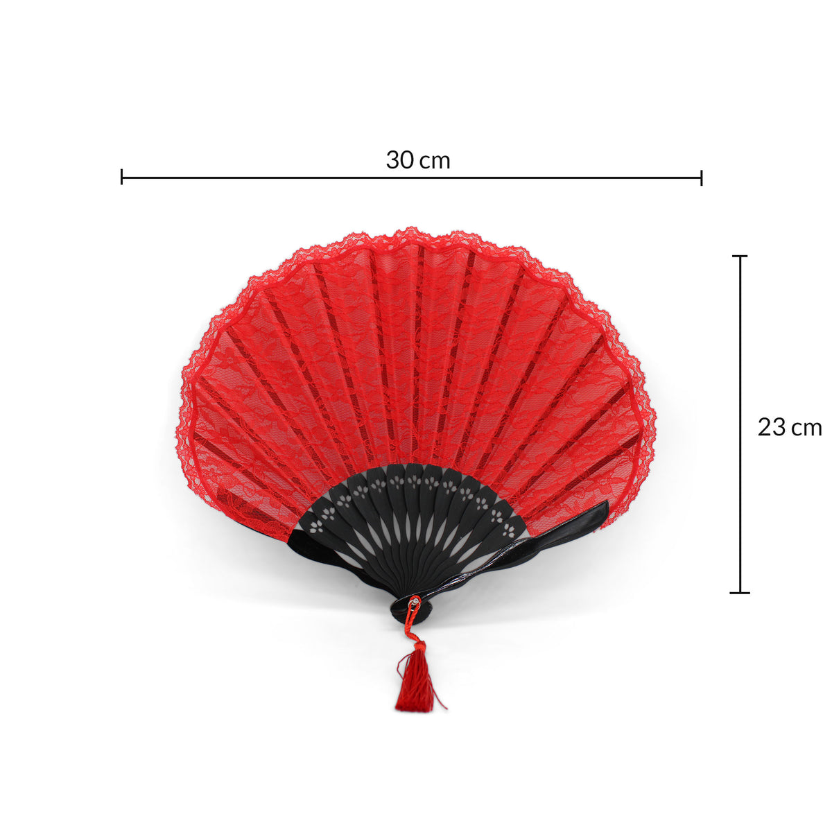 Dimensions de l'éventail de mariée coquillage rouge OLILLY : 30 cm de large, 23 cm de haut