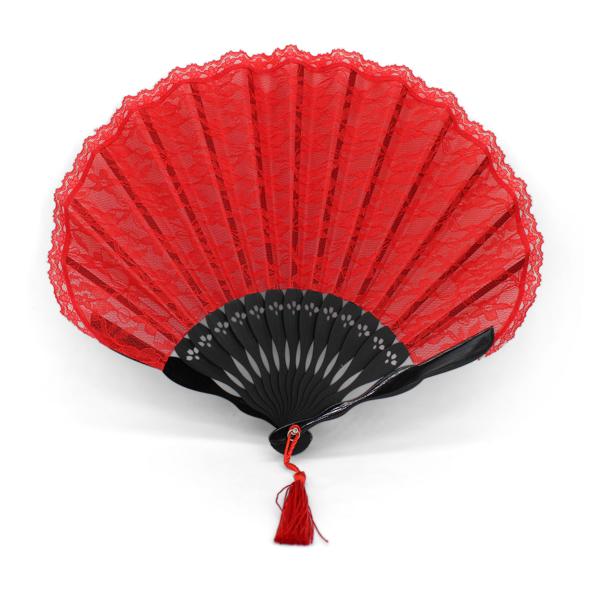 Éventail de mariée coquillage rouge en dentelle et bambou OLILLY avec sa pochette