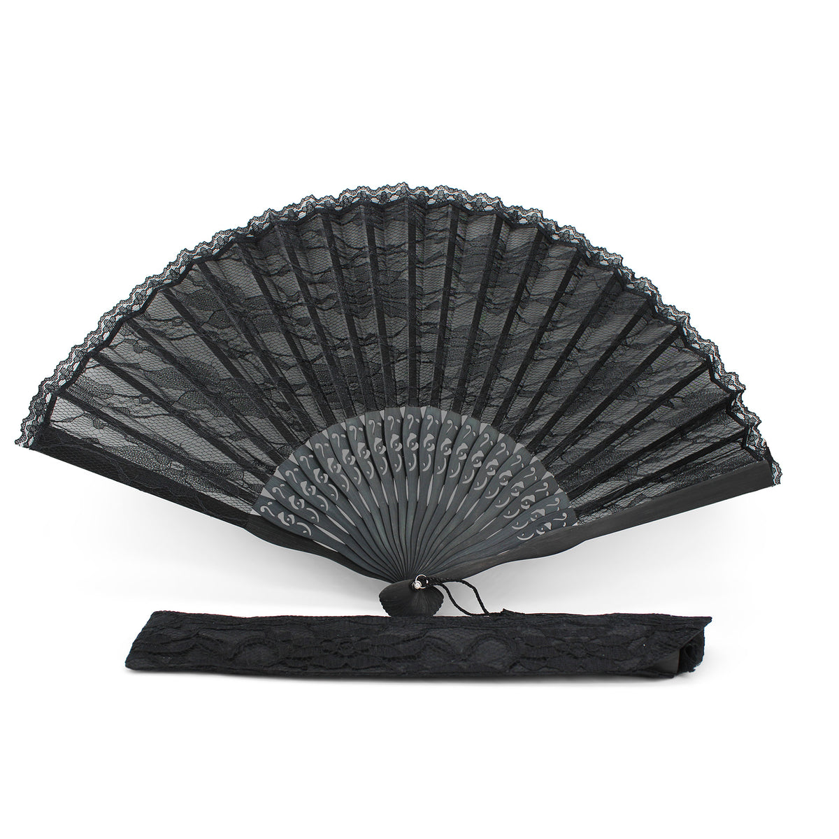 Éventail de mariée noir en dentelle OLILLY, 39 cm ouvert
