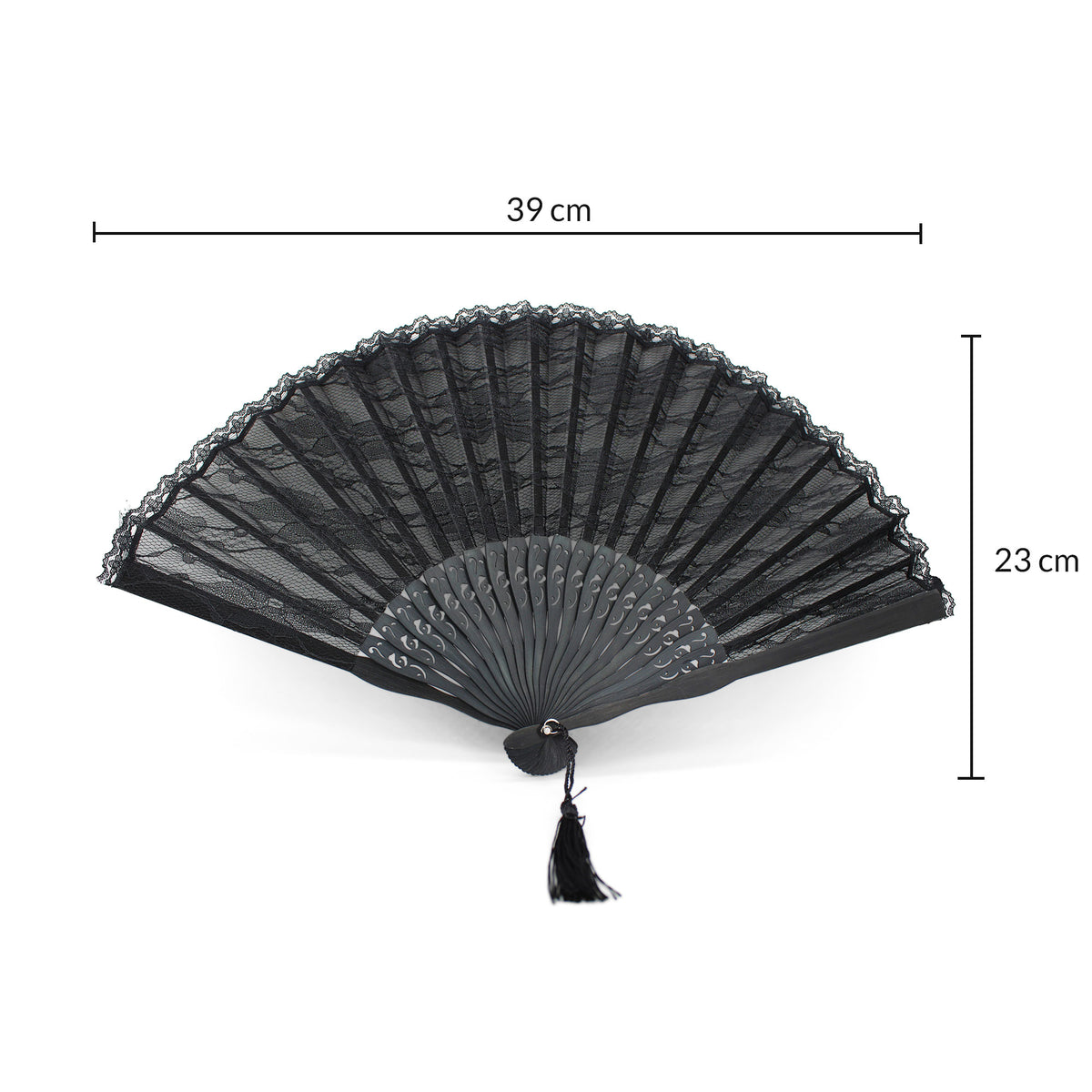 Dimensions de l'éventail de mariée noir avec pochette OLILLY : 39 cm de large, 23 cm de haut