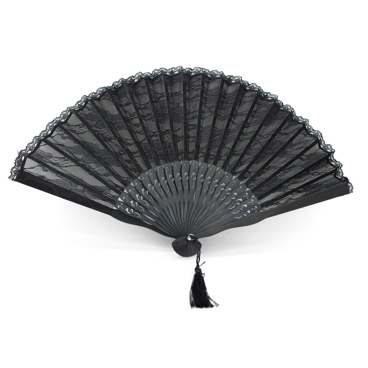 Éventail de mariée noir en dentelle et bambou OLILLY avec sa pochette