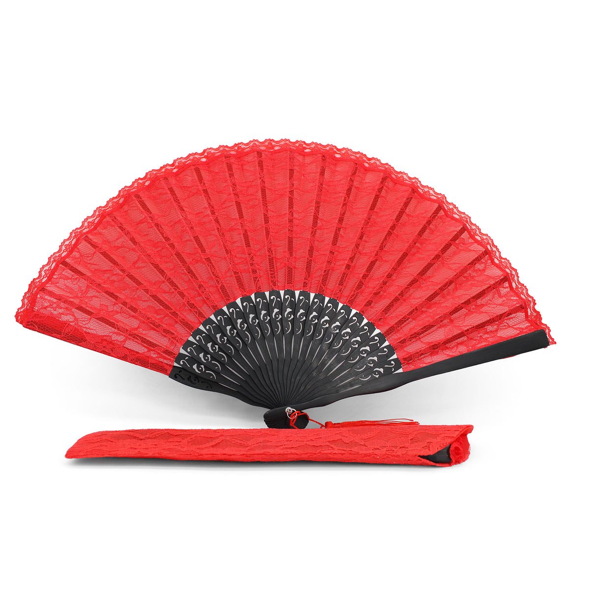 Éventail de mariée rouge en dentelle OLILLY, 39 cm ouvert