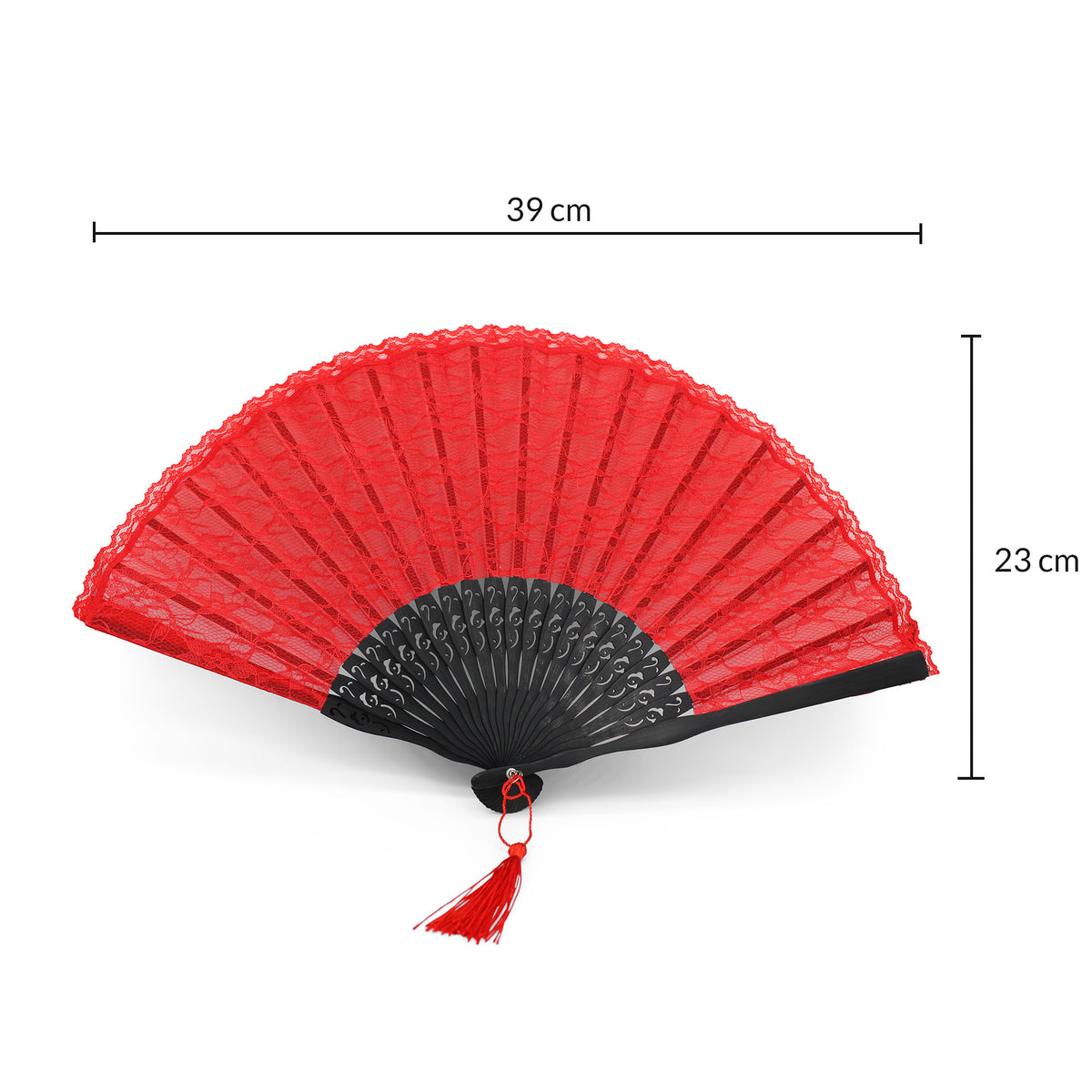 Dimensions de l'éventail de mariée rouge avec pochette OLILLY : 39 cm de large, 23 cm de haut