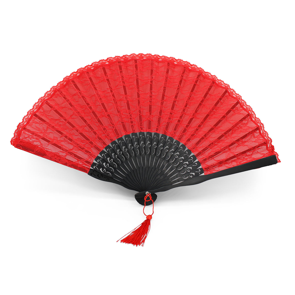 Éventail de mariée rouge en dentelle et bambou OLILLY avec sa pochette