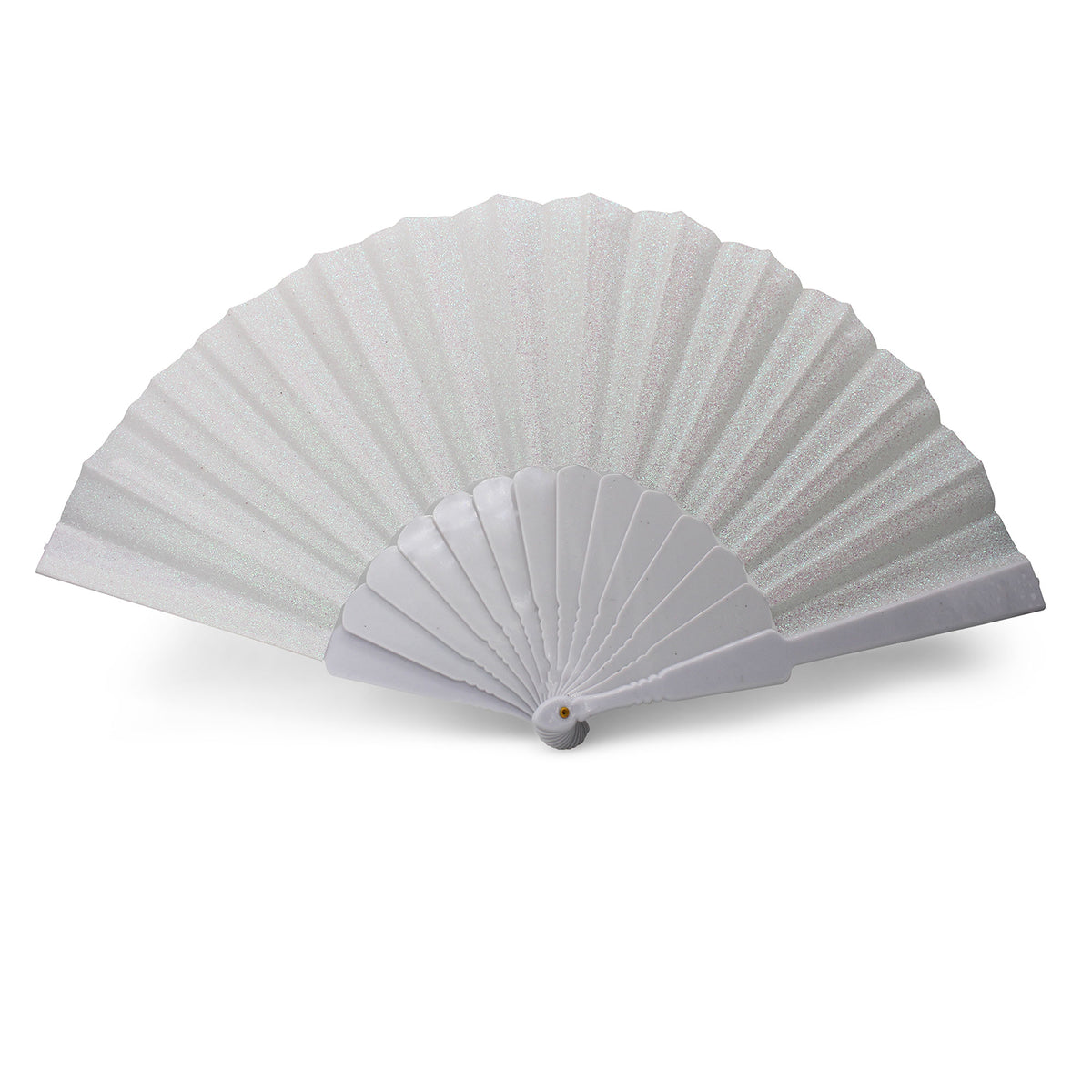 Éventail pailleté blanc OLILLY, tissu glitter et structure plastique blanche