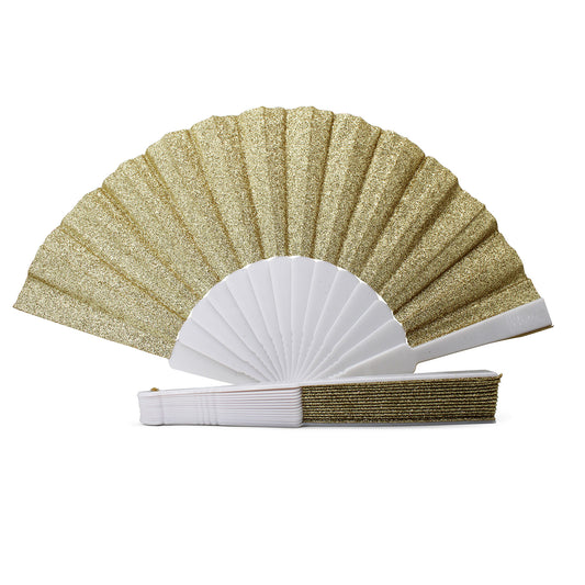 Éventail pailleté doré OLILLY, tissu glitter or et structure plastique blanche