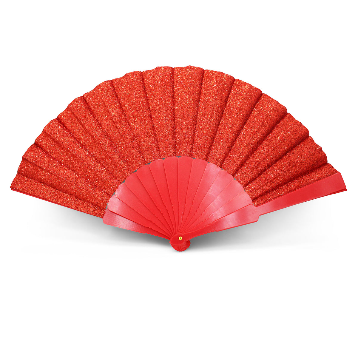 Éventail pailleté rouge OLILLY, tissu glitter et structure plastique rouge