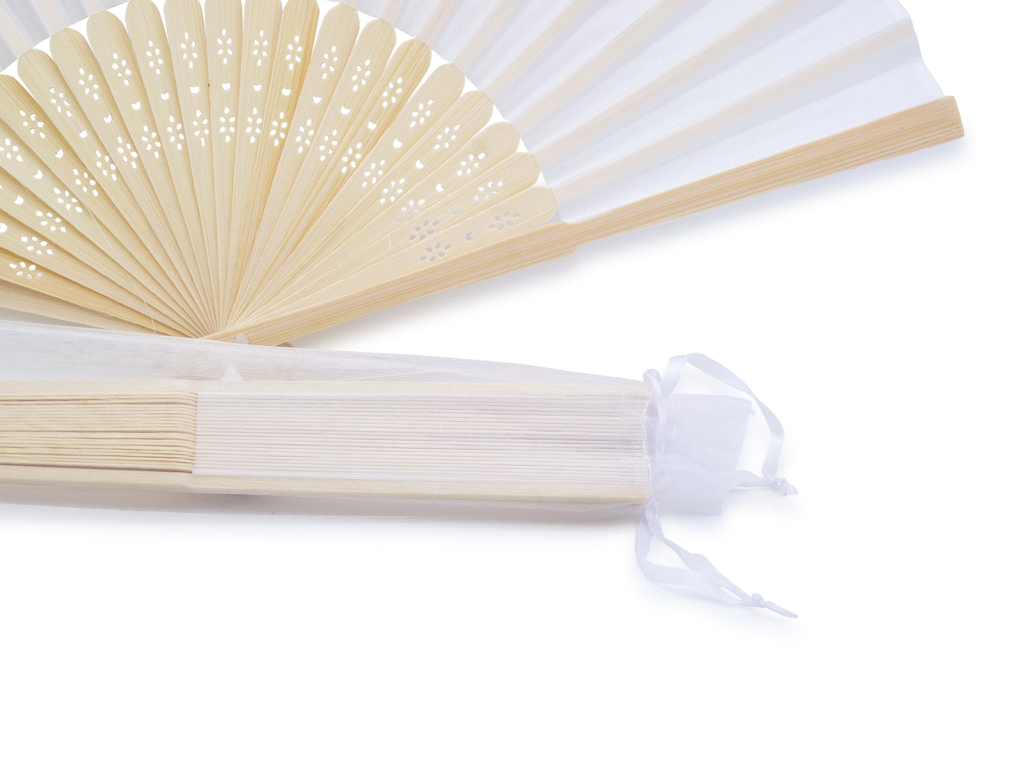 Eventails en Tissu avec pochette en Organza - Couleur Blanc - Par 10, 20 ou 50 Eventails