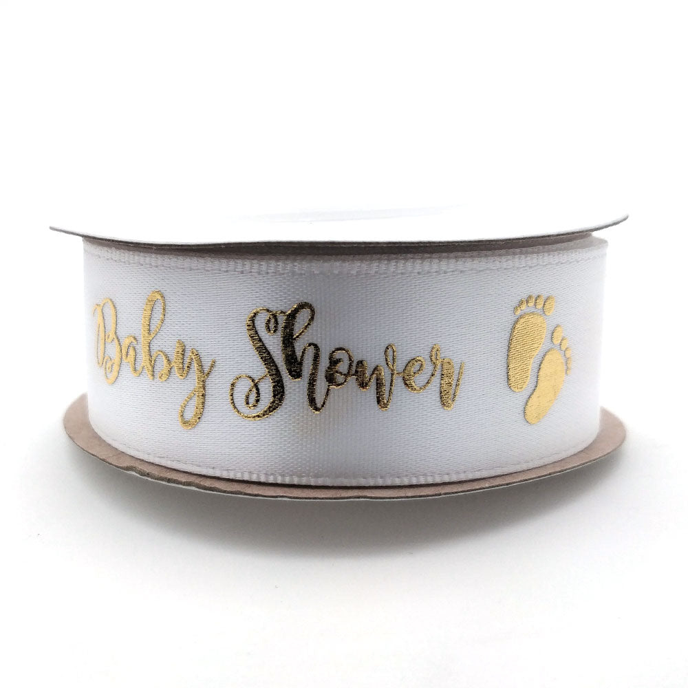 Ruban satin Baby Shower blanc et or 22 mm
