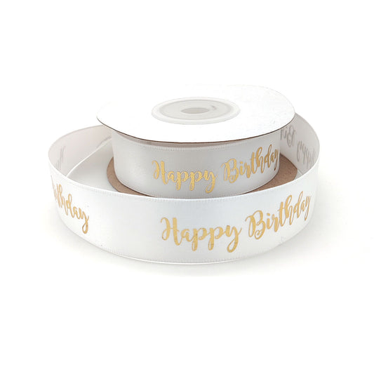 Ruban Happy Birthday Blanc et Or (19mm)