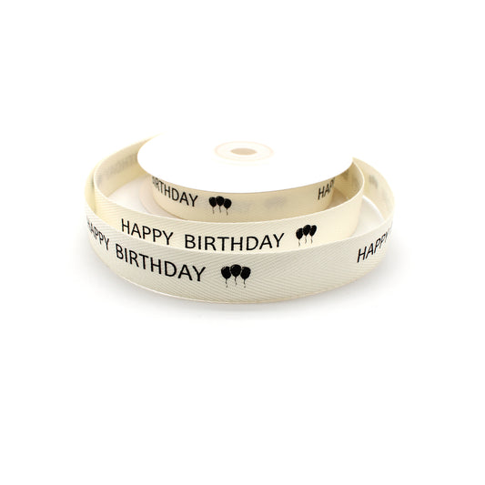 Ruban Happy Birthday en Coton Blanc (16 mm)