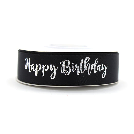 Ruban Happy Birthday Noir et Argent (19 mm)