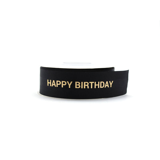 Ruban Happy Birthday Satin et Grosgrain Noir et Or (22 mm)