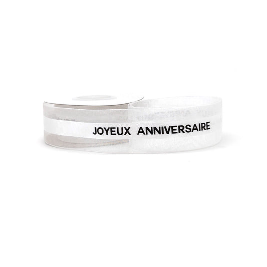 Ruban Joyeux Anniversaire Satin et Grosgrain Blanc (22 mm)